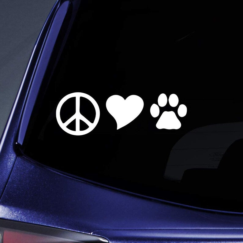 Peace, Love, Dog Paw (Set of 2) Decal Vinyl Sticker White 6" for Laptops, Car, Truck, Van, Window, Walls