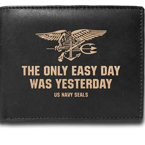 Naval Seals Only Easy Day was Yesterday 14 Pockets Wallet RFID Diesel Card Holderr Cowhide Leather Laser Engraved Slimfold Purse Sleek