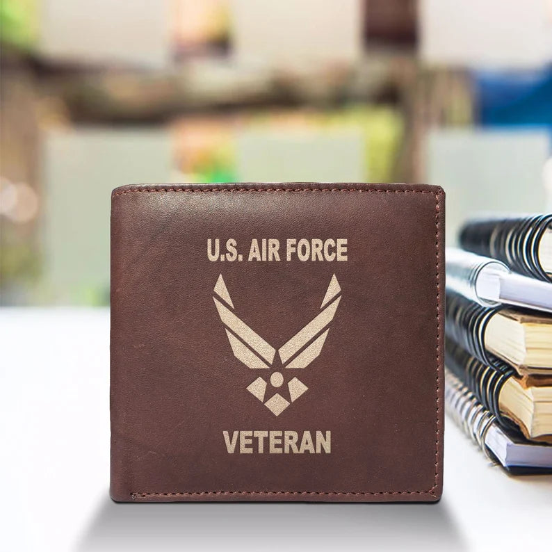 U.S Air Force Veteran Engraved Men Leather Wallet, RFID Slim Fold Luxury Purse Sleek and Slim.