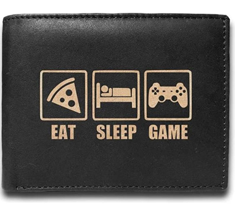 Eat, Sleep, Game 14 Pockets Wallet RFID Diesel Card Holder Organizer Cowhide Leather Laser Engraved Slimfold Luxury Purse Sleek and Slim