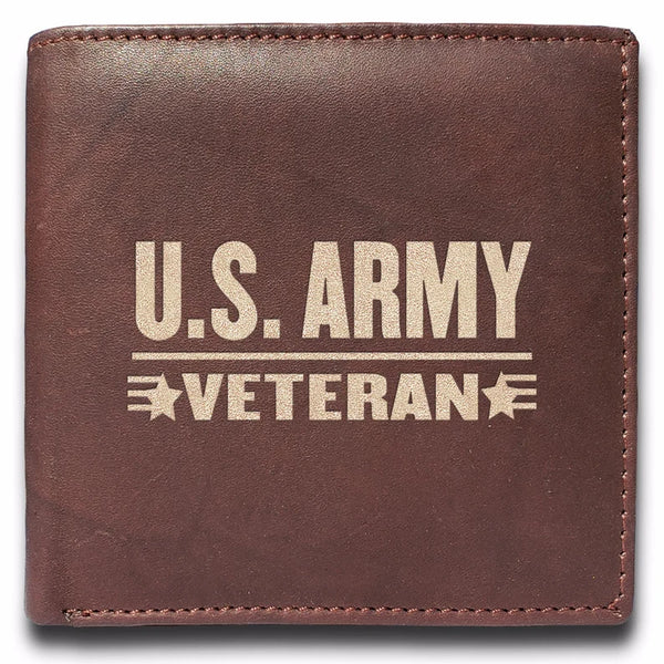 U.S Army Veteran, Engraved Men Leather Wallet, RFID Slim Fold Luxury Purse Sleek and Slim. Money Clip and Bi-Fold Wallets.