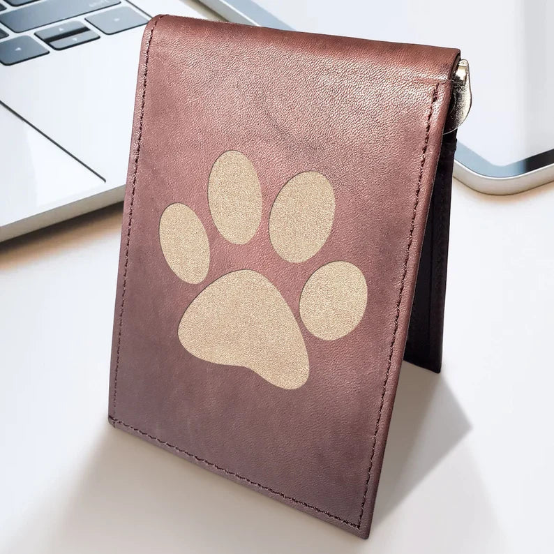 Dog Paw Print Engraved Men Leather Wallet, RFID Slim Fold Luxury Purse Sleek and Slim.