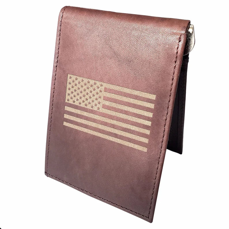 U.S Flag Engraved Men Leather Wallet, RFID Slim Fold luxury Purse Sleek and Slim, Bi-fold Wallet 14 Pockets, Money Clip Wallet.
