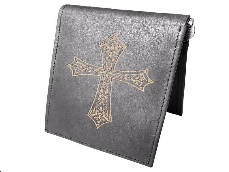 Cross Engraved Men Leather Wallet, RFID Slim Fold Luxury Purse Sleek and Slim, Bi-fold Wallet 14 Pockets, Money Clip Wallet.