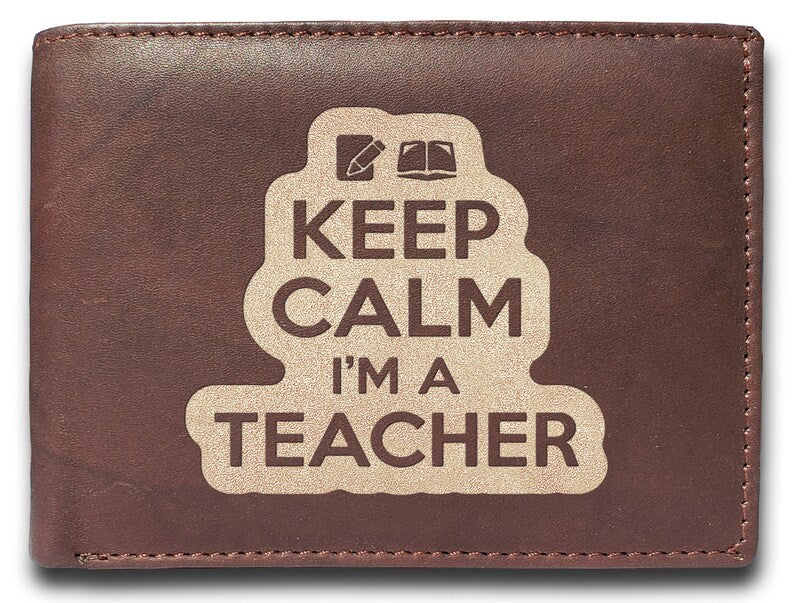 Keep Calm I'm A Teacher Engraved Men Leather Wallet, RFID Slim Fold Luxury Wallet, Bi-Fold Wallet 14 Pockets, Money Clip Wallet.