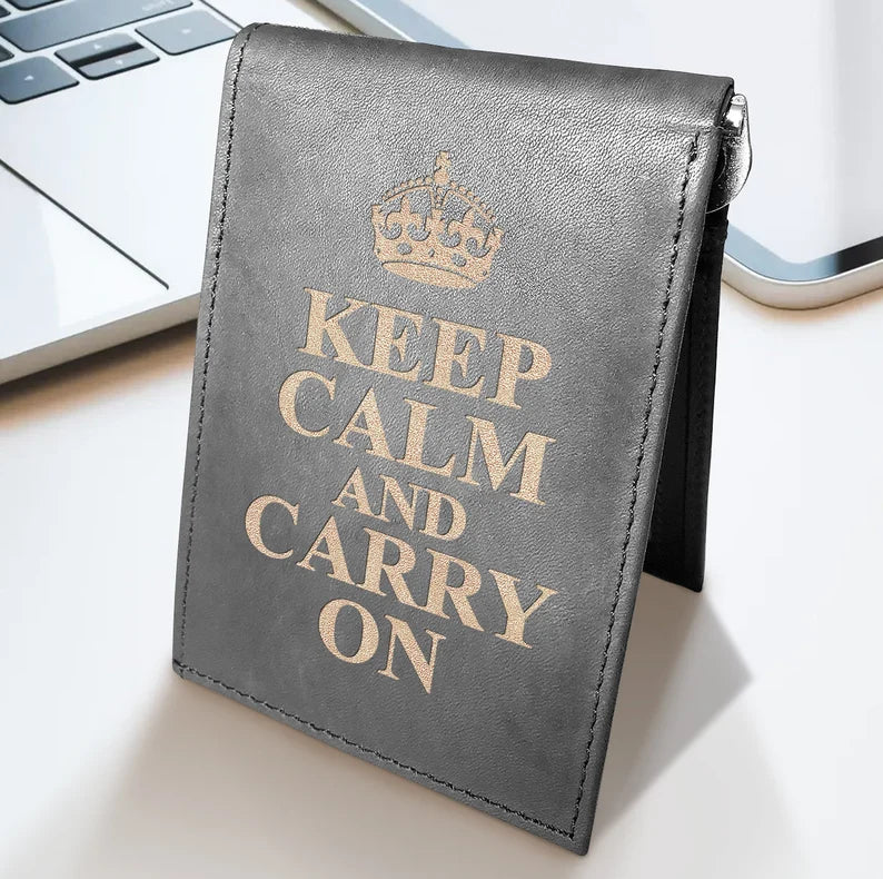 Keep Calm and Carry on Cowhide Leather Laser Engraved Minimalist Slim Money Clip RFID Blocking Front Pocket Men's Wallets