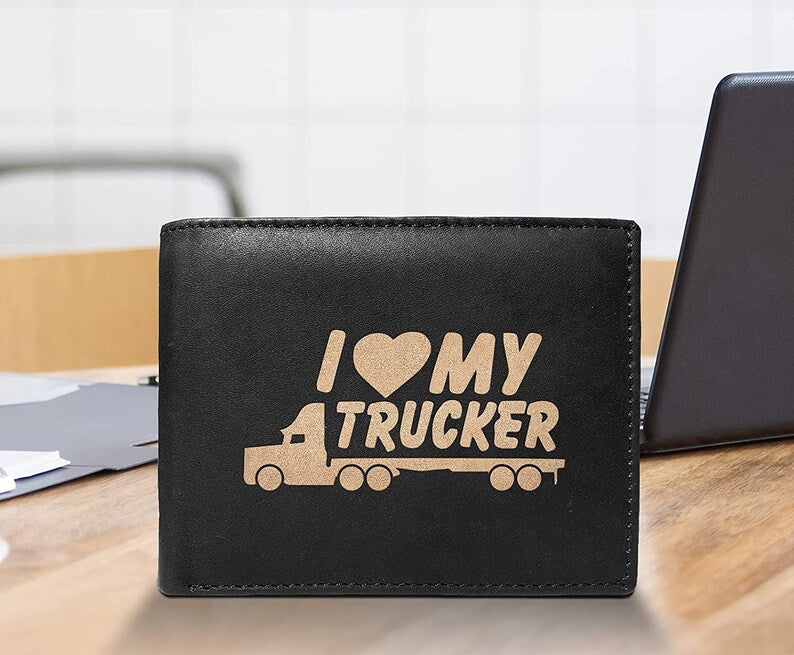 I Love my Trucker 14 Pockets Wallet RFID Diesel Card Holder Organizer Cowhide Leather Laser Engraved Slimfold Luxury Purse Sleek and Slim