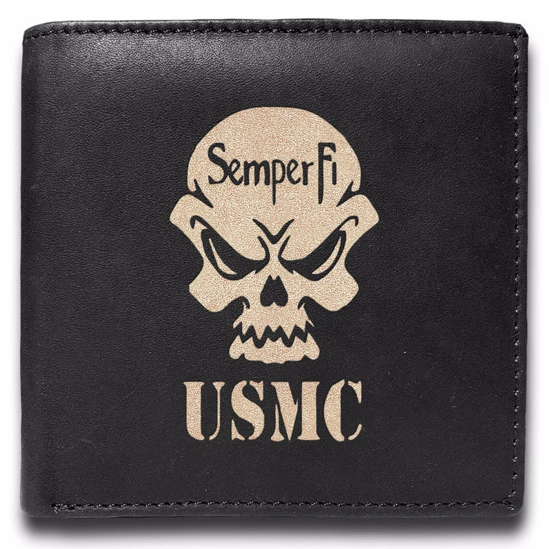 Semper Fi USMC Engraved Men Leather Wallet, RFID Slim fold Luxury Purse Sleek and Slim.