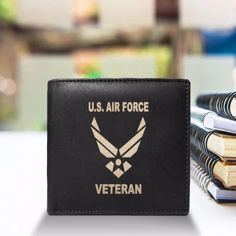 U.S Air Force Veteran Engraved Men Leather Wallet, RFID Slim Fold Luxury Purse Sleek and Slim.