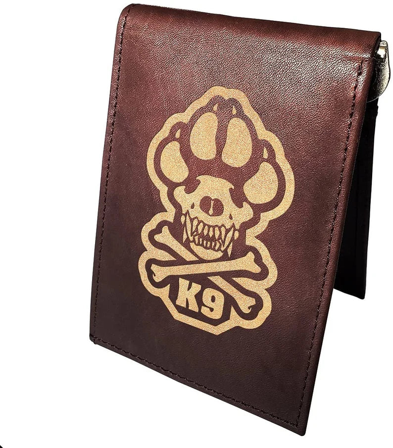 K9 Dog Lover Cowhide Leather Laser Engraved Minimalist Slim Money Clip RFID Blocking Front Pocket Men's Wallets