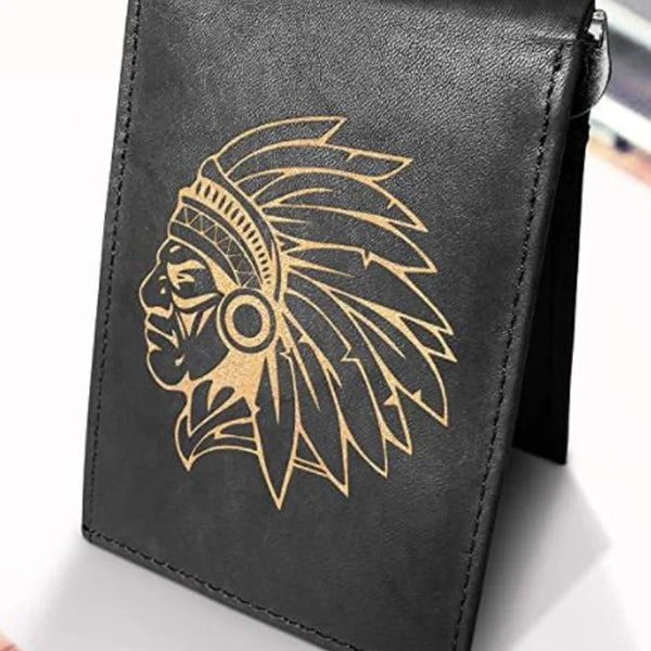 Native American Cowhide Leather Laser Engraved Minimalist Slim Money Clip RFID Blocking Front Pocket Men's Wallets