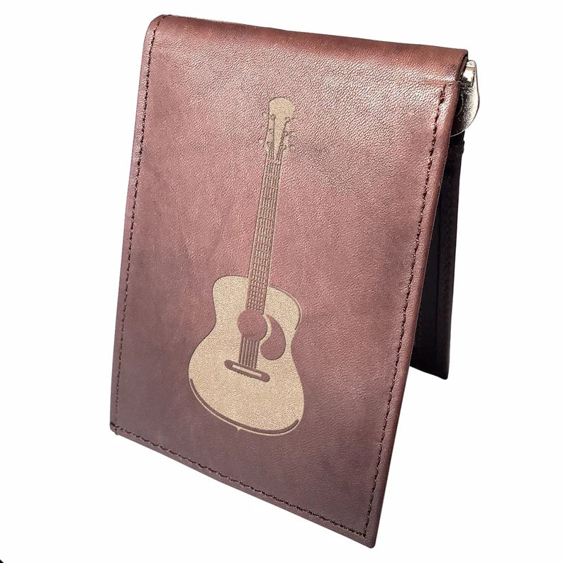 Guitar Engraved Men Leather Wallet, RFID Slim Fold Luxury Purse Sleek and Slim. Money Clip and Bi-Fold Wallets.