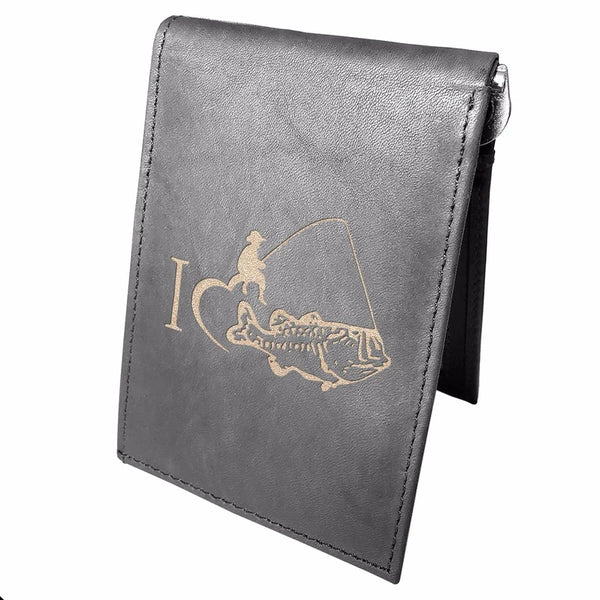 I Love Fishing Engraved Men Leather Wallet, RFID Slim Fold Luxury Purse Sleek and Slim. Money Clip and Bi-Fold Wallets.