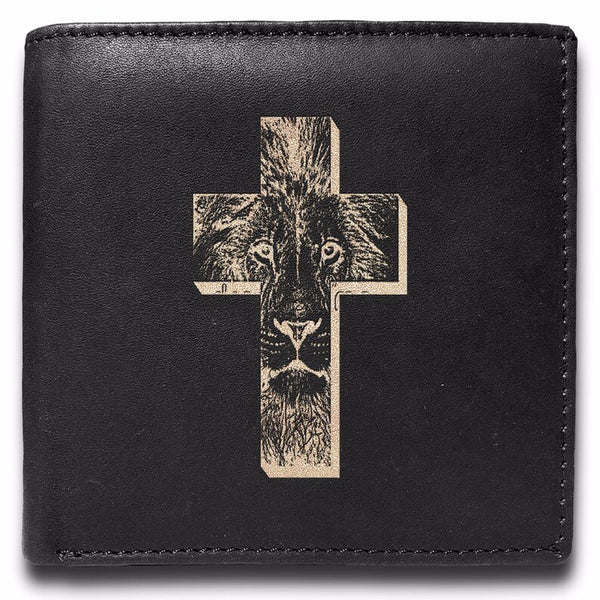 Lion Cross Engraved Men Leather Wallet, RFID Slim Fold Luxury Purse Sleek and Slim, Money Clip Wallets, Bi-fold Wallets.