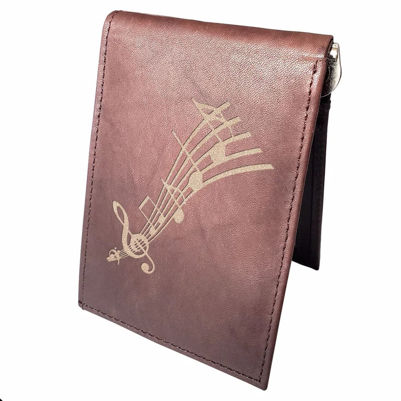 Musical Notes Engraved Men Leather Wallet, RFID Slim Fold Luxury Purse Sleek and Slim, Money Clip Wallet, Bi-fold Wallet.