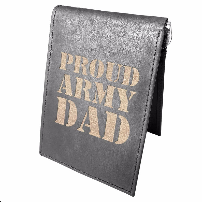 Proud Army Dad Engraved Men Leather Wallet, RFID Slim Fold Luxury Purse Sleek and Slim, Bi-fold wallets 14 Pocket, Money Clip Wallet.