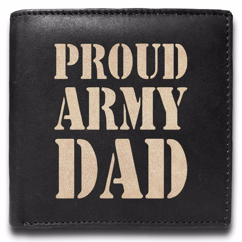 Proud Army Dad Engraved Men Leather Wallet, RFID Slim Fold Luxury Purse Sleek and Slim, Bi-fold wallets 14 Pocket, Money Clip Wallet.