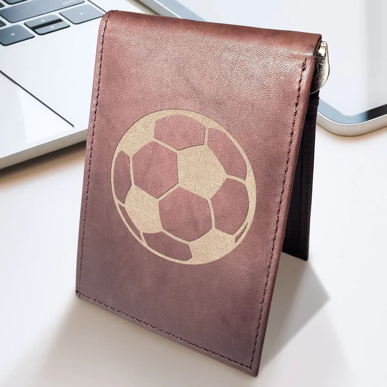 Soccer Ball Engraved Men Leather Wallet, RFID Slim Fold Luxury Purse Sleek and Slim, Bi-fold Wallet 14 Pockets, Money Clip Wallet.