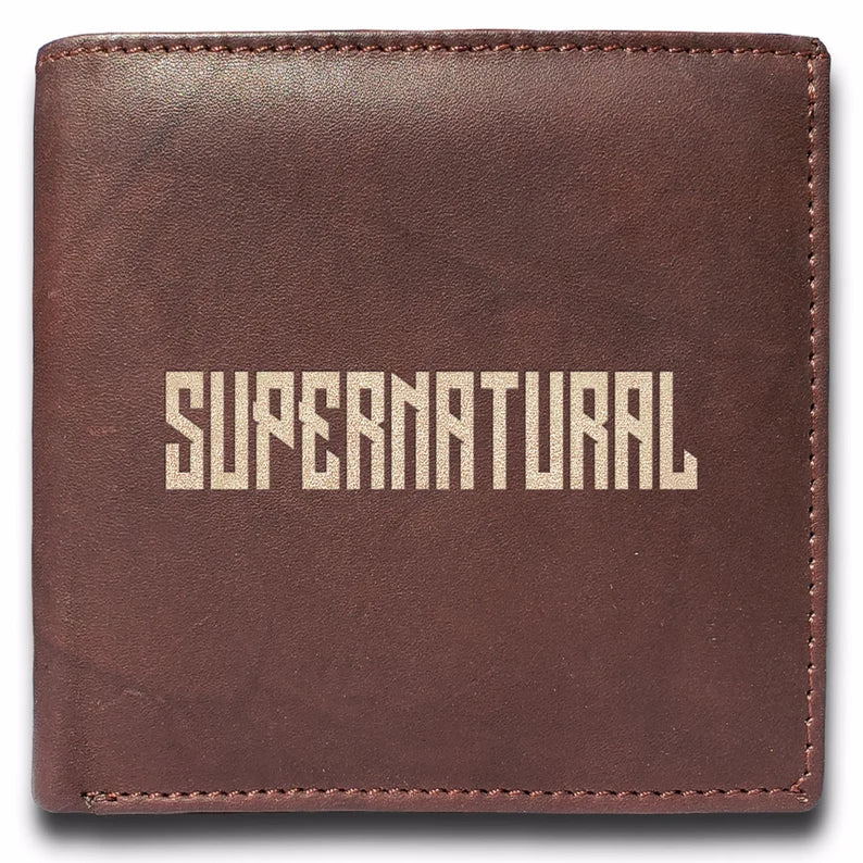 Supernatural Engraved Men Leather Wallet, RFID Slim Fold Luxury Purse Sleek and Slim, Bi-fold Wallet 14 Pockets, Money Clip Wallet.