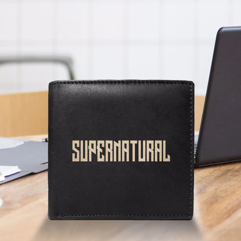 Supernatural Engraved Men Leather Wallet, RFID Slim Fold Luxury Purse Sleek and Slim, Bi-fold Wallet 14 Pockets, Money Clip Wallet.
