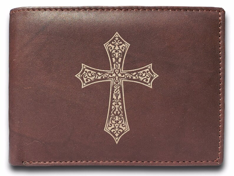 Cross Engraved Men Leather Wallet, RFID Slim Fold Luxury Purse Sleek and Slim, Bi-fold Wallet 14 Pockets, Money Clip Wallet.