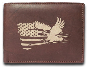 Eagle Distracted Flag USA Engraved Men Leather Wallet, RFID Slim Fold Luxury Purse Sleek and Slim, Bi-Fold Wallet , Money Clip Wallet.