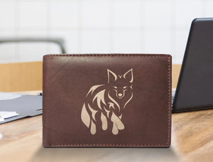Fox Silhoutee Engraved Men Leather Wallet, RFID Slim Fold Luxury Purse Sleek and Slim, B-Fold Wallet 14 Pockets, Money Clip Wallet.