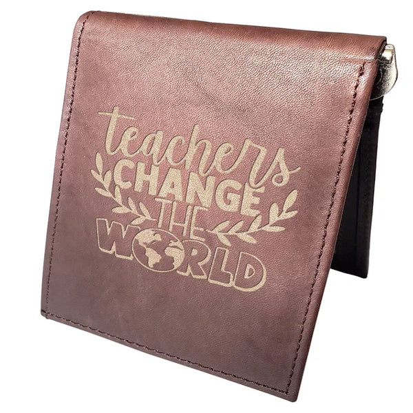 Teachers Change The World Engraved Men Leather Wallet RFID Slim Fold Luxury Wallet, Bi-Fold Luxury Wallet 14 Pockets, Money Clip Wallet,