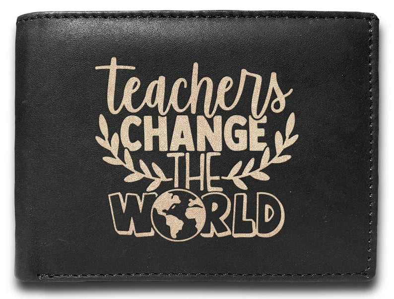 Teachers Change The World Engraved Men Leather Wallet RFID Slim Fold Luxury Wallet, Bi-Fold Luxury Wallet 14 Pockets, Money Clip Wallet,